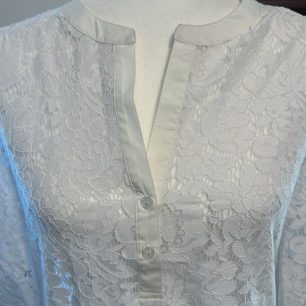 Tyler Boe White Sheer Floral Lace Popover Splitneck Tunic/BathingSuit Cover Med. - Picture 4 of 9